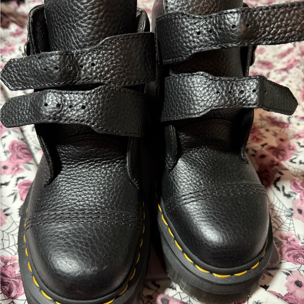 Dr. Martens Black Leather Double-Strap Boots with Yellow Stitching
